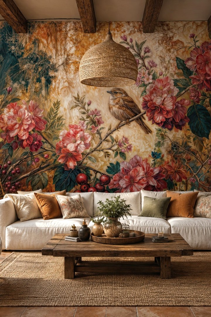 Dreamwall Sonbahar Şarkısı Kuş ve Botanik Desenli Tek Parça Tekstil Duvar Kağıdı