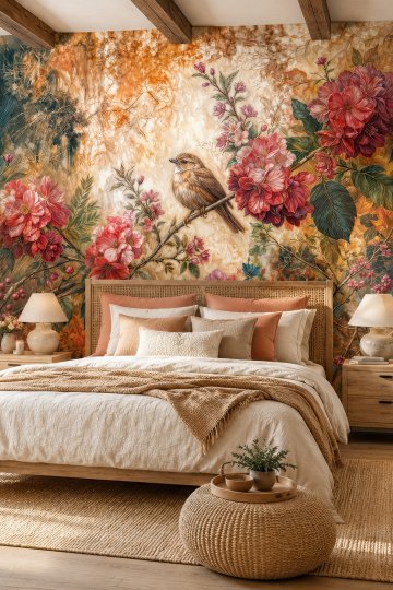 Dreamwall Sonbahar Şarkısı Kuş ve Botanik Desenli Tek Parça Tekstil Duvar Kağıdı küçük görsel 2