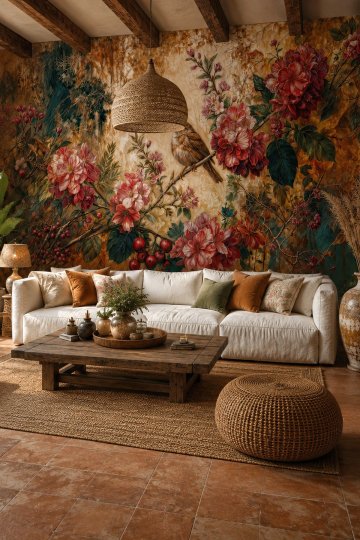 Dreamwall Sonbahar Şarkısı Kuş ve Botanik Desenli Tek Parça Tekstil Duvar Kağıdı küçük görsel 3