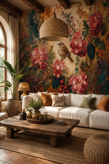 Dreamwall Sonbahar Şarkısı Kuş ve Botanik Desenli Tek Parça Tekstil Duvar Kağıdı küçük görsel 4