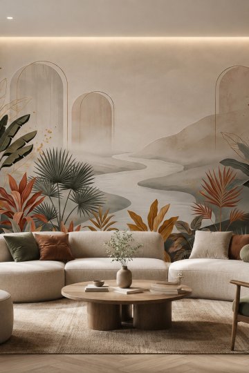 Dreamwall Sonbahar Vadisi- Bohem Kemer ve Tropik Kolaj Desenli Tek Parça Tekstil Duvar Kağıdı