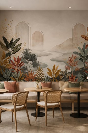 Dreamwall Sonbahar Vadisi- Bohem Kemer ve Tropik Kolaj Desenli Tek Parça Tekstil Duvar Kağıdı küçük görsel 3