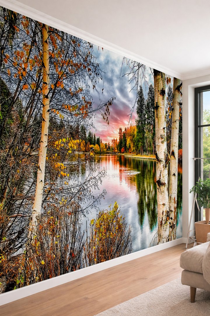 Dreamwall Sonbaharda Huş Ağaçları ve Göl Manzaralı Tek Parça Tekstil Duvar Kağıdı
