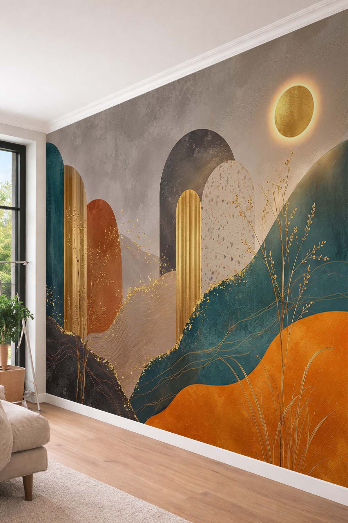 Dreamwall Soyut Altın Işıltılı Kemer Desenli Tek Parça Tekstil Duvar Kağıdı  görsel 1