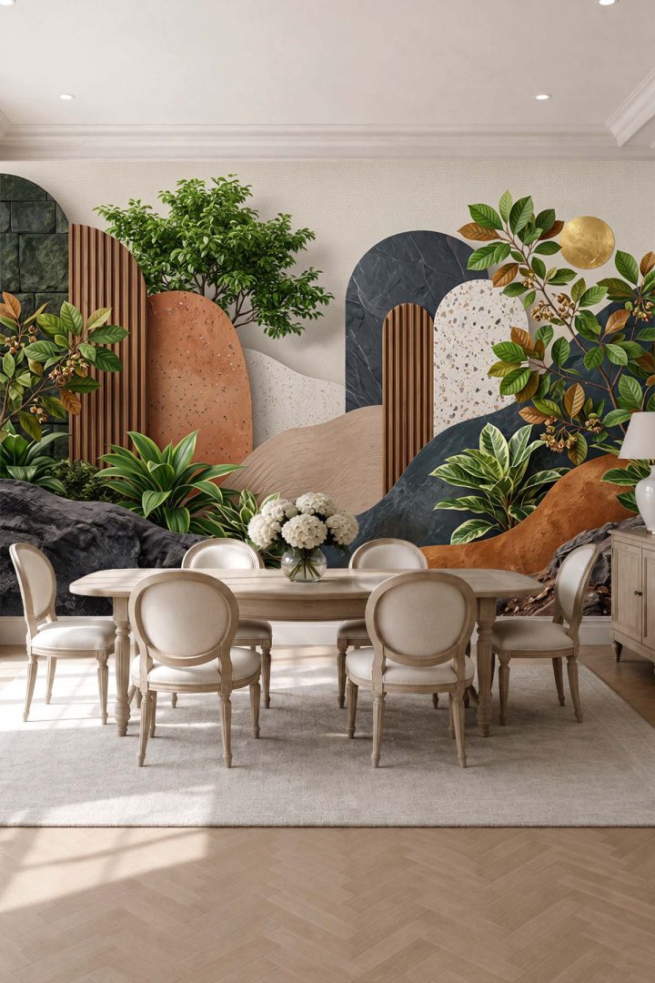 Dreamwall Soyut Geometrik Bitki Desenli Tek Parça Tekstil Duvar Kağıdı 
