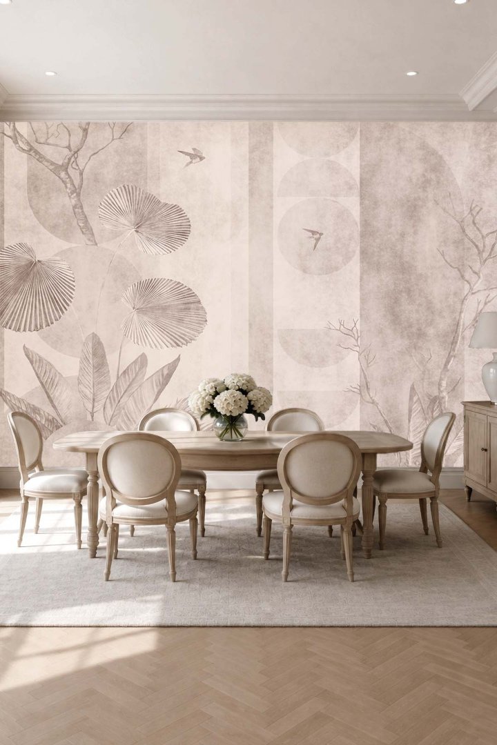 Dreamwall Soyut Geometrik Yaprak ve Kırlangıç Desenli Tek Parça Tekstil Duvar Kağıdı 