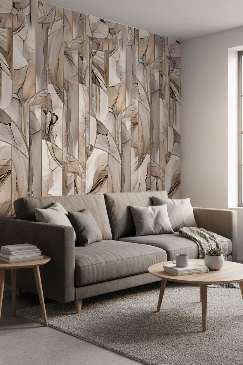 Dreamwall Soyut Mermer Geçişli ve Geometrik Hatlı Modern Tasarım Tek Parça Tekstil Duvar Kağıdı görsel 1