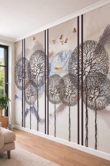 Dreamwall Soyut Yaşam Ağacı ve Kuşlar - Sanatsal Tek Parça Tekstil Duvar Kağıdı
