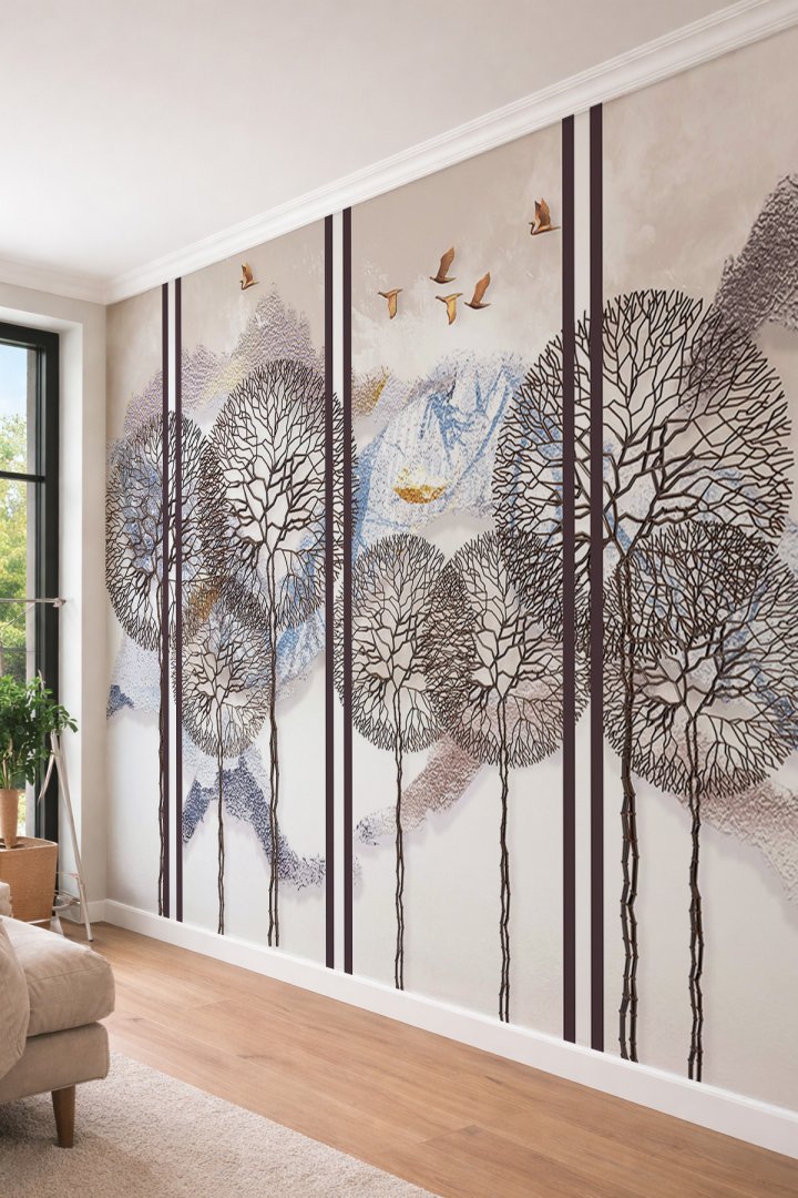 Dreamwall Soyut Yaşam Ağacı ve Kuşlar - Sanatsal Tek Parça Tekstil Duvar Kağıdı