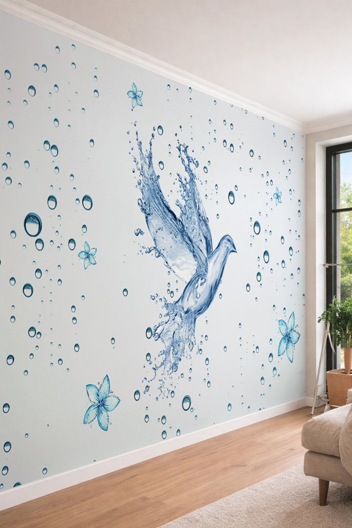 Dreamwall Su Damlaları ve Sıvı Kuş Figürü - Ferahlatıcı Modern Temalı Tek Parça Tekstil Duvar Kağıdı