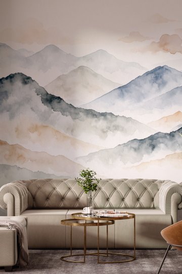 Dreamwall Sulu Boya Dağ Manzarası ve Katmanlı Doğa Motifli Tek Parça Tekstil Duvar Kağıdı  küçük görsel 1