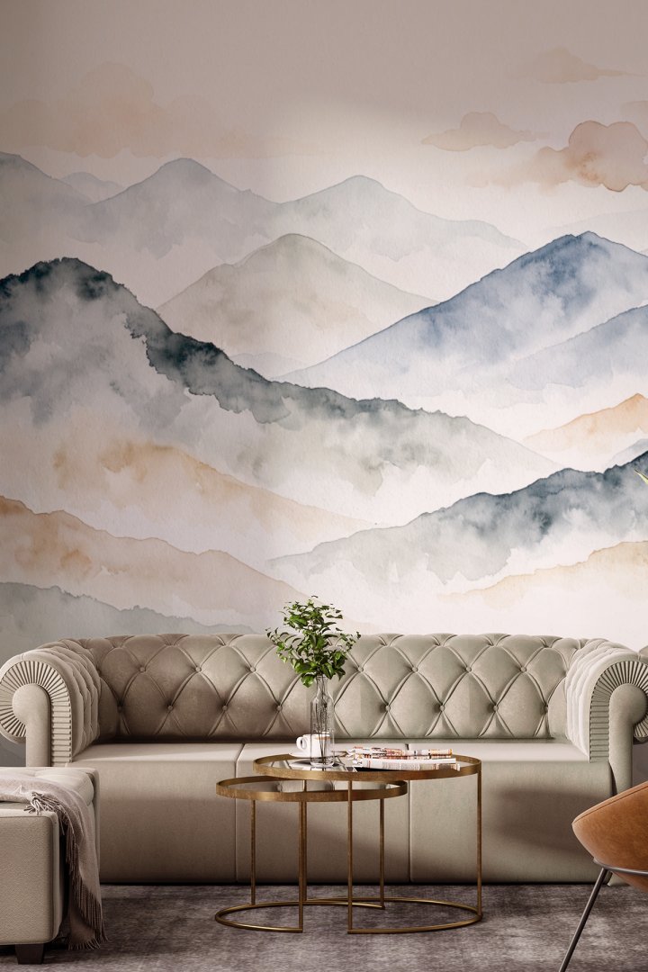 Dreamwall Sulu Boya Dağ Manzarası ve Katmanlı Doğa Motifli Tek Parça Tekstil Duvar Kağıdı 