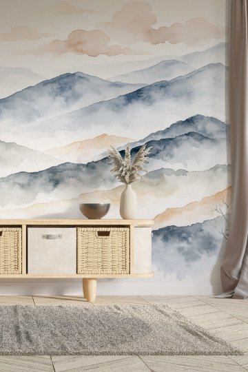 Dreamwall Sulu Boya Dağ Manzarası ve Katmanlı Doğa Motifli Tek Parça Tekstil Duvar Kağıdı  küçük görsel 2