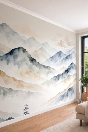 Dreamwall Sulu Boya Dağ Manzarası ve Katmanlı Doğa Motifli Tek Parça Tekstil Duvar Kağıdı  küçük görsel 3