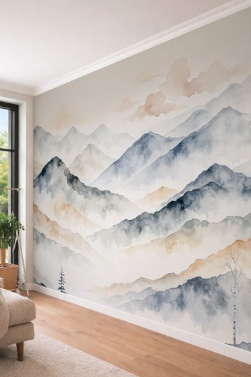 Dreamwall Sulu Boya Dağ Manzarası ve Katmanlı Doğa Motifli Tek Parça Tekstil Duvar Kağıdı  küçük görsel 4