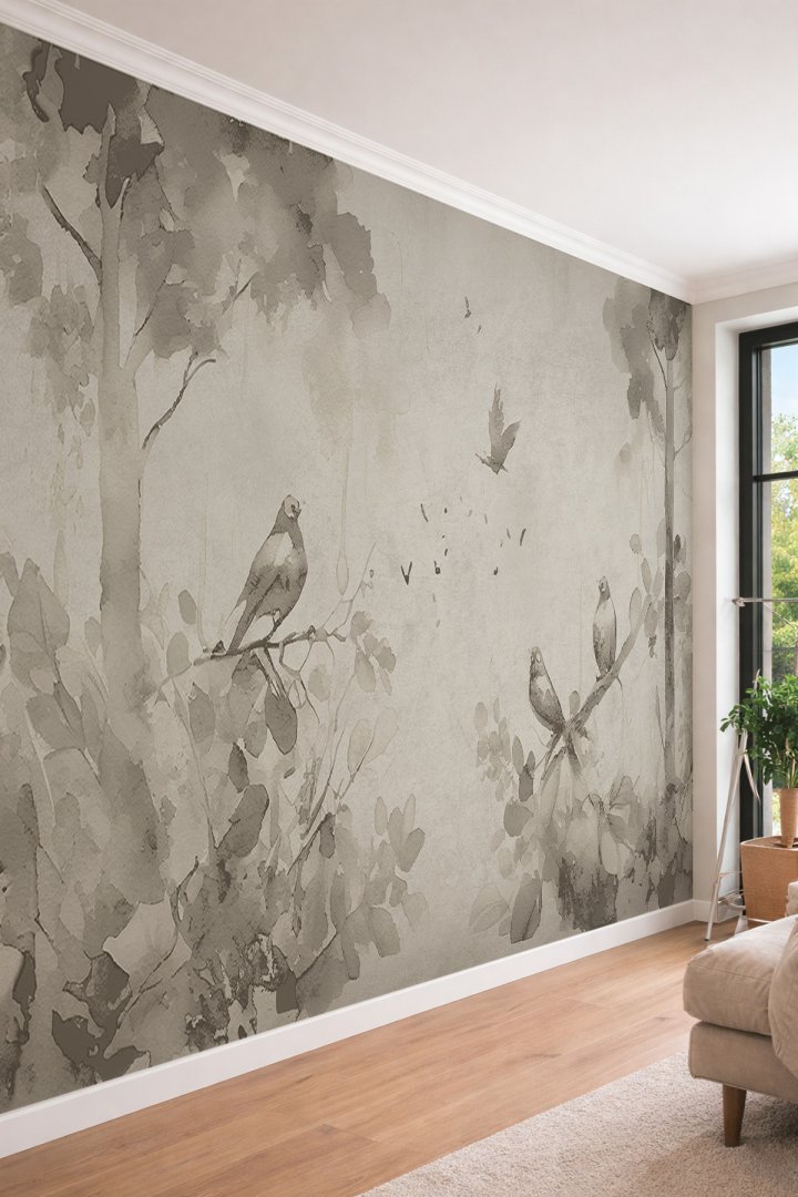Dreamwall Sulu Boya Efektli Kuşlu Orman Desenli Tek Parça Tekstil Duvar Kağıdı