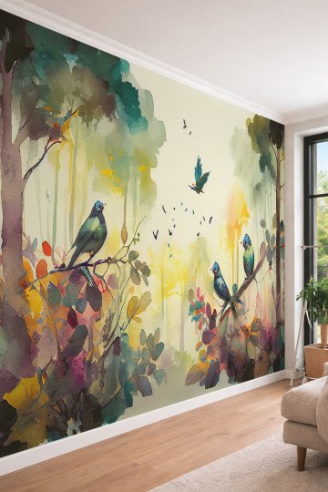 Dreamwall Sulu Boya Efektli Renkli Orman ve Kuş Desenli Tekstil Duvar Kağıdı