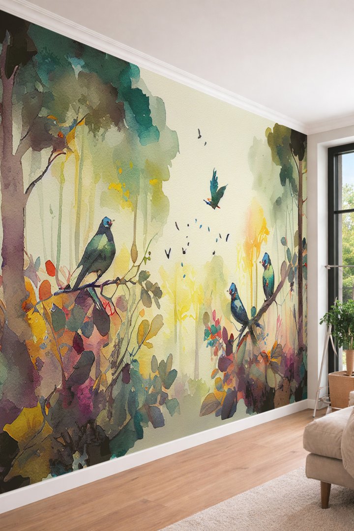 Dreamwall Sulu Boya Efektli Renkli Orman ve Kuş Desenli Tekstil Duvar Kağıdı