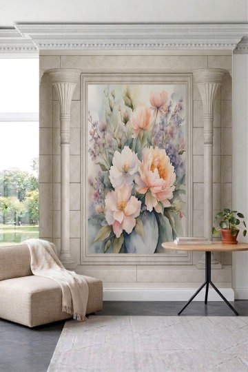 Dreamwall Sulu Boya Pastel Çiçek Desenli Sütun Görünümlü Tek Parça Tekstil Duvar Kağıdı