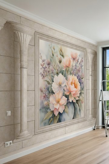 Dreamwall Sulu Boya Pastel Çiçek Desenli Sütun Görünümlü Tek Parça Tekstil Duvar Kağıdı küçük görsel 2