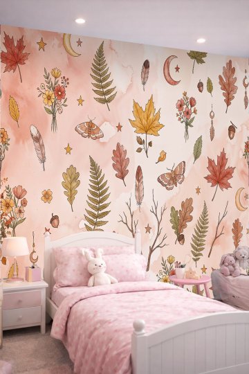 Dreamwall Suluboya Arka Planlı Sonbahar Yaprakları, Çiçekler ve Bohem Motifli Tek Parça Tekstil Duvar Kağıdı  küçük görsel 1