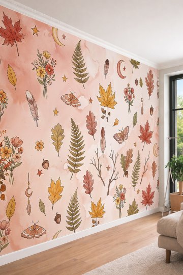 Dreamwall Suluboya Arka Planlı Sonbahar Yaprakları, Çiçekler ve Bohem Motifli Tek Parça Tekstil Duvar Kağıdı  küçük görsel 2