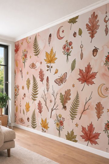 Dreamwall Suluboya Arka Planlı Sonbahar Yaprakları, Çiçekler ve Bohem Motifli Tek Parça Tekstil Duvar Kağıdı  küçük görsel 4