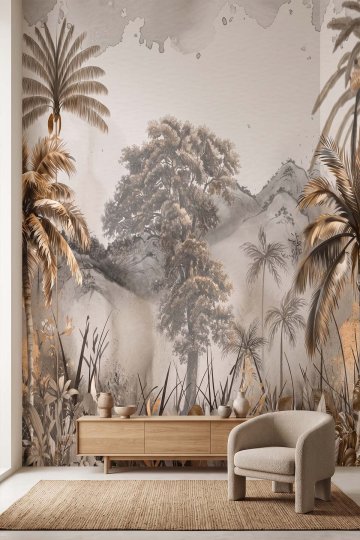 Dreamwall Suluboya Palmiye Desenli Tek Parça Tekstil Duvar Kağıdı  küçük görsel 3