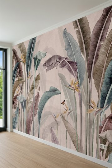 Dreamwall Suluboya Tarzı Dev Tropikal Yapraklar ve Cennet Kuşu Çiçeği Tek Parça Tekstil Duvar Kağıdı küçük görsel 3