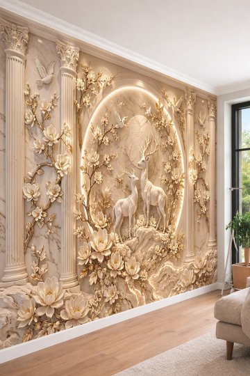 Dreamwall Sütunlar, Niş İçinde Geyikler ve Çiçekli Dallar Kabartma Görünümlü Tek Parça Tekstil Duvar Kağıdı  küçük görsel 2