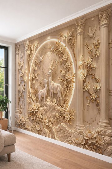 Dreamwall Sütunlar, Niş İçinde Geyikler ve Çiçekli Dallar Kabartma Görünümlü Tek Parça Tekstil Duvar Kağıdı  küçük görsel 4