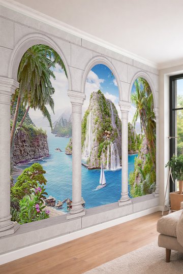 Dreamwall Sütunlu Kemerden Tropikal Ada ve Yelkenli Manzaralı Derinlik Etkili Tekstil Duvar Kağıdı