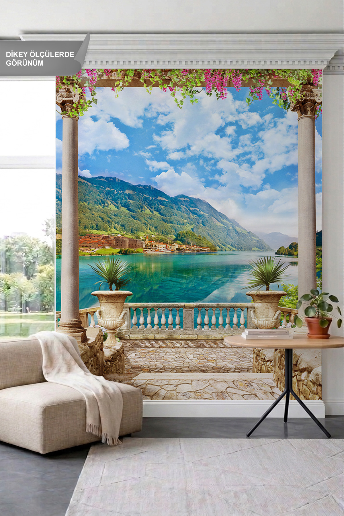 Dreamwall Sütunlu Teras, Çiçekli Sarmaşıklar, Göl ve Dağ Manzaralı Tek Parça Tekstil Duvar Kağıdı görsel 1