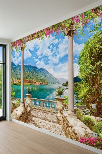 Dreamwall Sütunlu Teras, Çiçekli Sarmaşıklar, Göl ve Dağ Manzaralı Tek Parça Tekstil Duvar Kağıdı küçük görsel 3