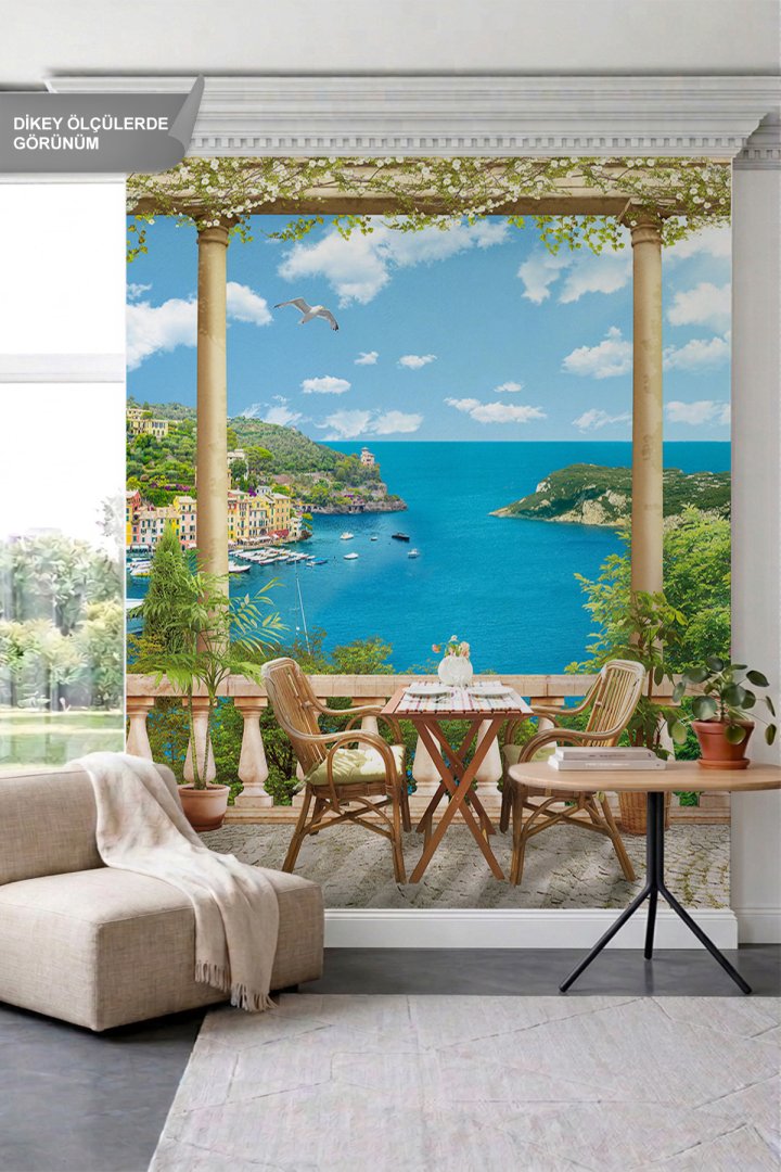 Dreamwall Sütunlu ve Çiçekli Balkon Terasından Sahil Kasabası Manzaralı Tek Parça Tekstil Duvar Kağı...