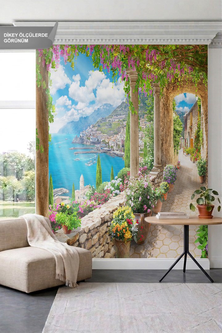 Dreamwall Sütunlu ve Çiçekli Sahil Yolu, Kıyı Kasabası Manzaralı Tek Parça Tekstil Duvar Kağıdı