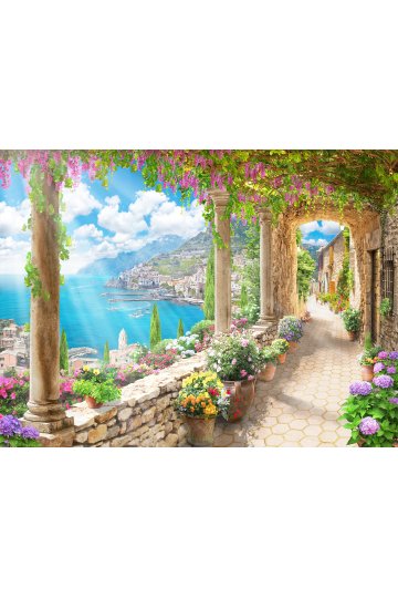 Dreamwall Sütunlu ve Çiçekli Sahil Yolu, Kıyı Kasabası Manzaralı Tek Parça Tekstil Duvar Kağıdı küçük görsel 2