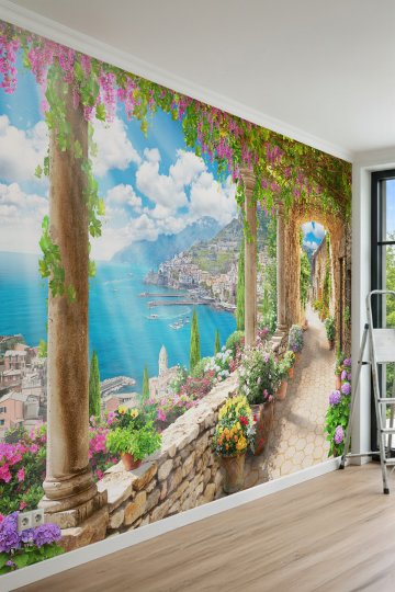 Dreamwall Sütunlu ve Çiçekli Sahil Yolu, Kıyı Kasabası Manzaralı Tek Parça Tekstil Duvar Kağıdı küçük görsel 3
