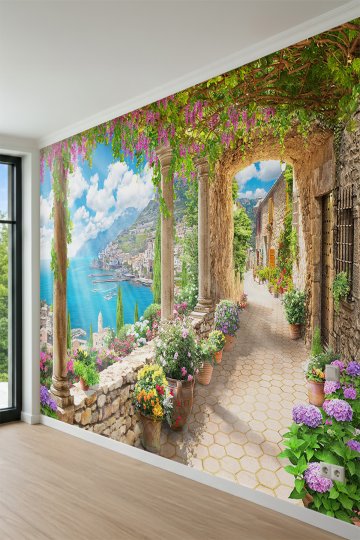 Dreamwall Sütunlu ve Çiçekli Sahil Yolu, Kıyı Kasabası Manzaralı Tek Parça Tekstil Duvar Kağıdı küçük görsel 4