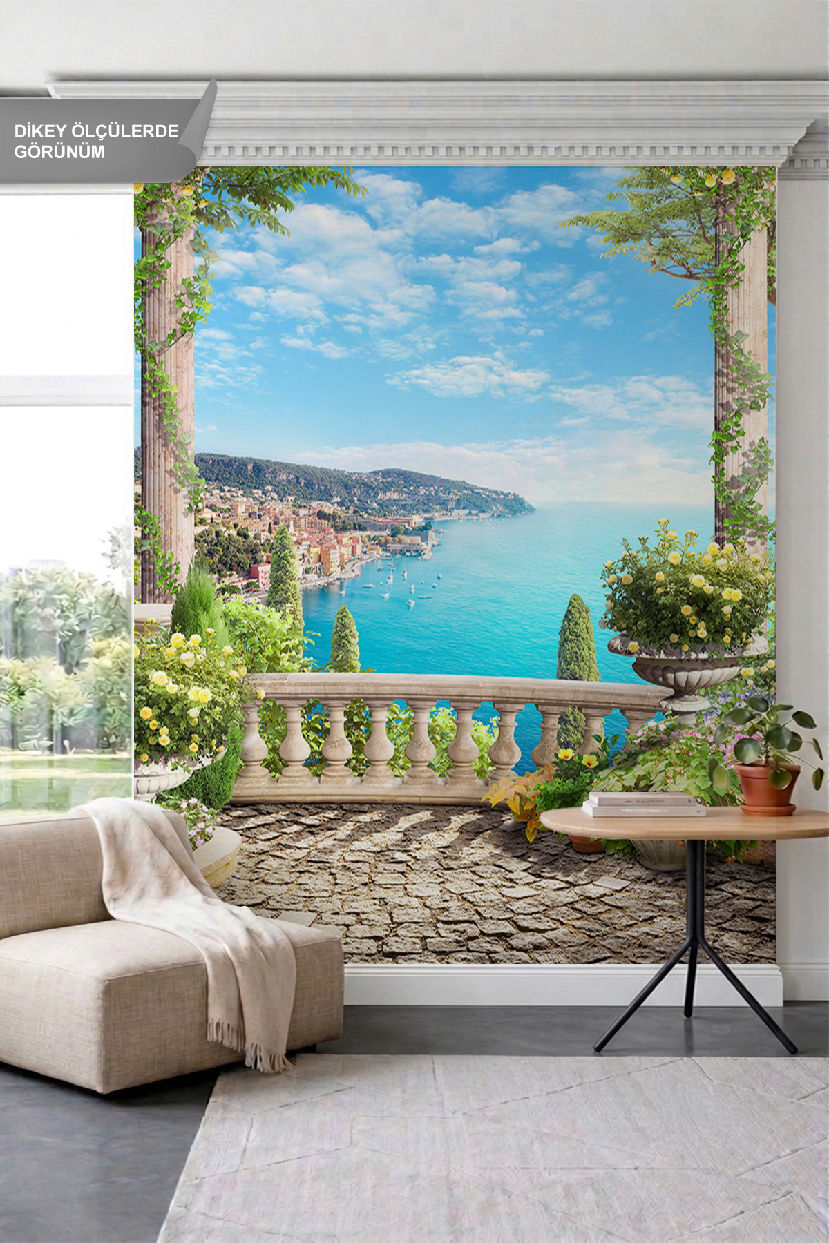 Dreamwall Sütunlu ve Çiçekli Taş Teras, Deniz ve Sahil KasabasıTek Parça Tekstil Duvar Kağıdı görsel 1