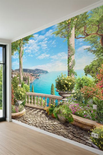 Dreamwall Sütunlu ve Çiçekli Taş Teras, Deniz ve Sahil KasabasıTek Parça Tekstil Duvar Kağıdı küçük görsel 3