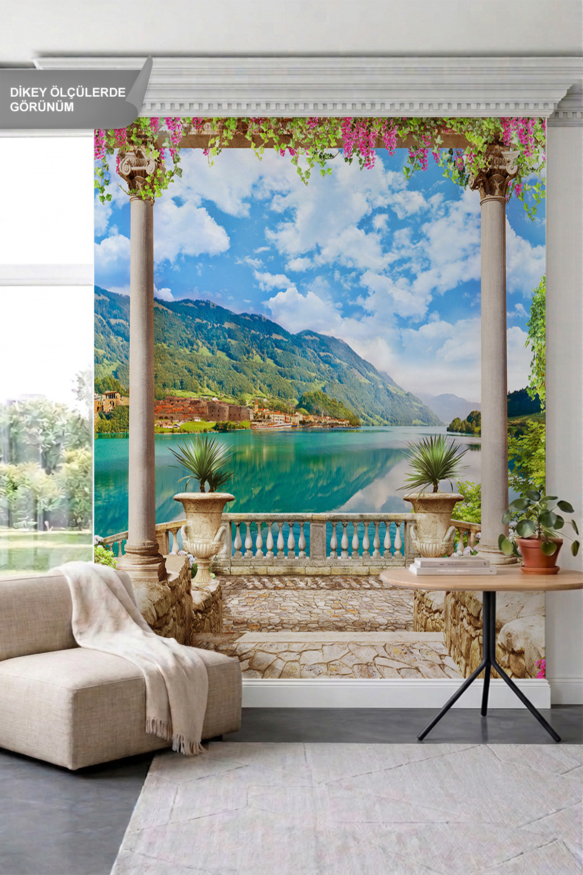 Dreamwall Sütunlu ve Çiçekli Teras Manzaralı, Göl ve Dağ Temalı Tek Parça Tekstil Duvar Kağıdı görsel 1