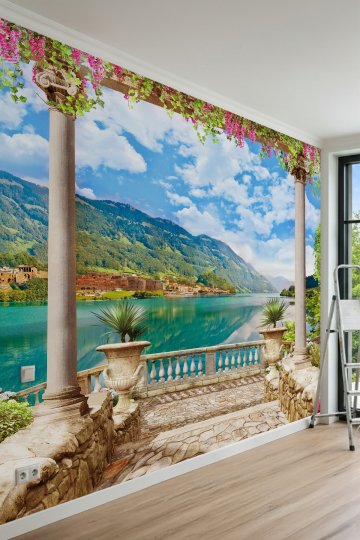 Dreamwall Sütunlu ve Çiçekli Teras Manzaralı, Göl ve Dağ Temalı Tek Parça Tekstil Duvar Kağıdı küçük görsel 2