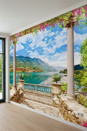 Dreamwall Sütunlu ve Çiçekli Teras Manzaralı, Göl ve Dağ Temalı Tek Parça Tekstil Duvar Kağıdı küçük görsel 3