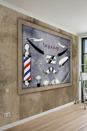 Dreamwall Tahta Arka Planlı Berber Konseptli Tek Parça Tekstil Duvar Kağıdı küçük görsel 2