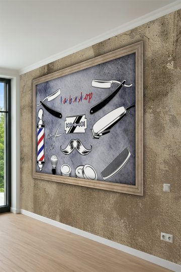 Dreamwall Tahta Arka Planlı Berber Konseptli Tek Parça Tekstil Duvar Kağıdı küçük görsel 3