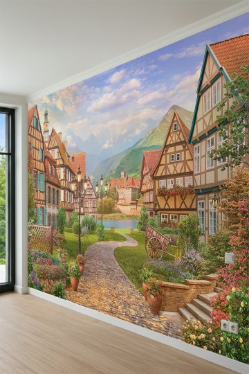 Dreamwall Tarihi Alman Evleri, Taş Yürüyüş Yolu ve Dağ Manzaralı Tek Parça Tekstil Duvar Kağıdı küçük görsel 3