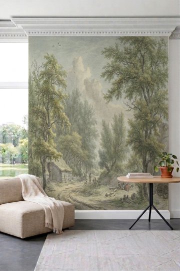 Dreamwall Tarihi Orman Yolu ve Kulübe Manzaralı Vintage Tek Parça Tekstil Duvar Kağıdı küçük görsel 2