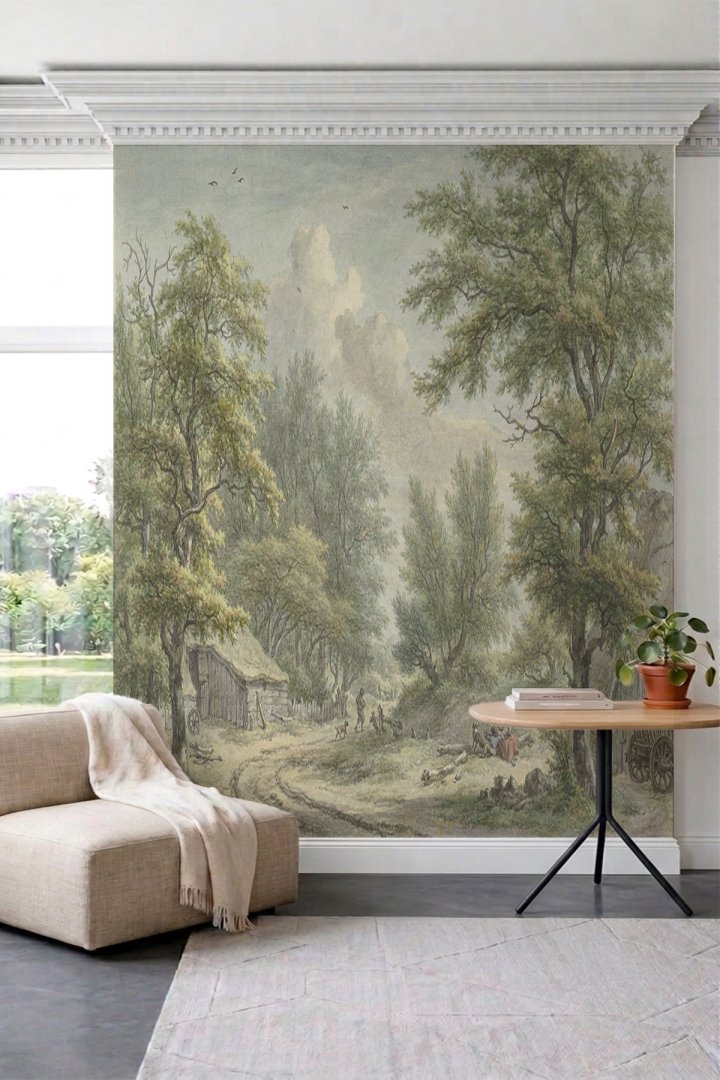 Dreamwall Tarihi Orman Yolu ve Kulübe Manzaralı Vintage Tek Parça Tekstil Duvar Kağıdı