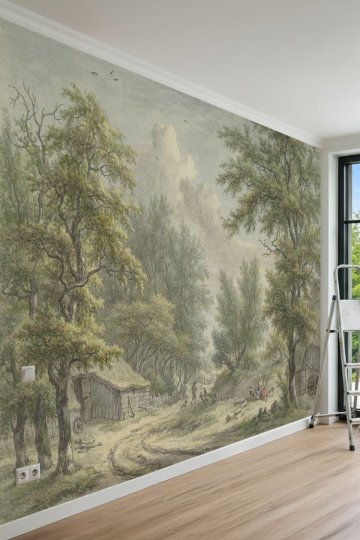 Dreamwall Tarihi Orman Yolu ve Kulübe Manzaralı Vintage Tek Parça Tekstil Duvar Kağıdı küçük görsel 3